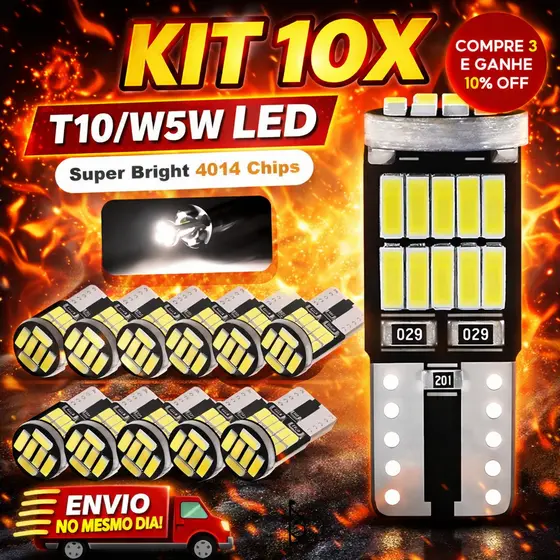 Kit 10 Lâmpadas LED T10 W5W 26 SMD 4014 Canbus Luz Branca 6000K Interior e Placa Sem Erro Forte 2825