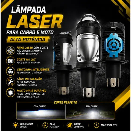 1 Lâmpada H4 LED Laser 40mil L 6000K Super Branca Alta Potência Farol Carro Moto Plug And Play Chip Premium