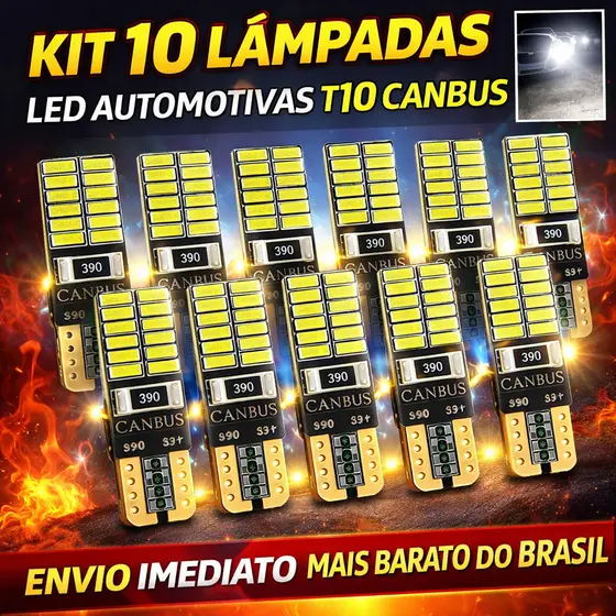 KIT 10 Lâmpadas LED T10 W5W Canbus 24 LEDs Super Branca 12V Pingo Canceler Erro Painel Placa Teto Porta Mala Farolete 5w