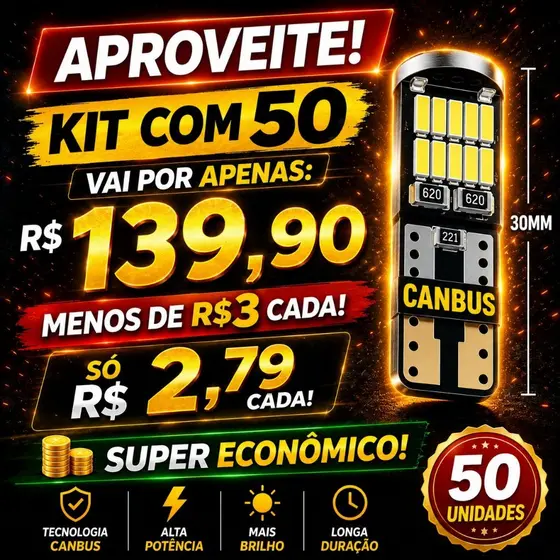 50 Lâmpadas Pingo Led 12v Canceller Cambus T10 24 Leds Smd Branca Azul Claro Sem Erro Painel Placa Interna Meia Luz