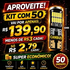 50 Lâmpadas Pingo Led 12v Canceller Cambus T10 24 Leds Smd Branca Azul Claro Sem Erro Painel Placa Interna Meia Luz