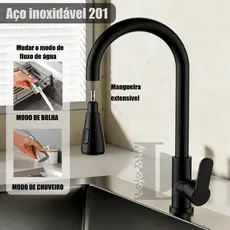 Torneira Gourmet Pia Cozinha Preto / Prata Com Extensor Flexível Misturador Monocomando Inox Fosco