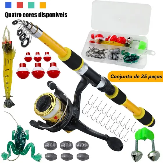 Kit Promocional Incluindo Vara De Pesca De 1,8M Carretel Com Roda Giratória E 35 Acessórios De Isca