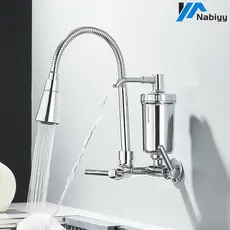 Gourmet Kitchen Wall-Mounted Faucet with Flexible Spray Filter and Double Handles