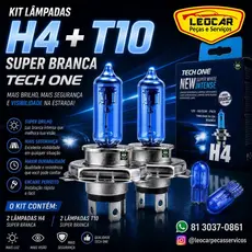 Kit Par de Lâmpada Super Branca H4 8500k Tipo Xênon 12V 55W + Par de Lâmpada T10 (PINGO) - TECHONE