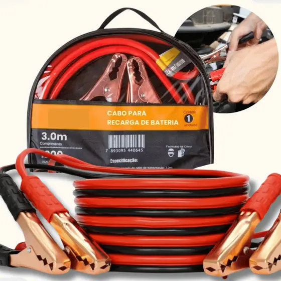 Cabo Auxiliar de Partida para Bateria 800Amp/1200Amp Reforçado com Garras 2,2m ou 3m
