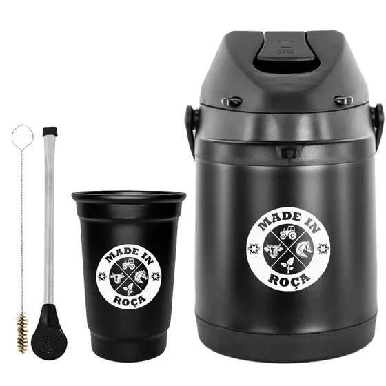 Kit Tereré Garrafa Térmica 2.5l Preta Bomba Tradicional Preta Aluminio e Plástico Copo Alumínio Preto 330ml