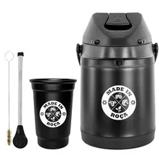 Kit Tereré Garrafa Térmica 2.5l Preta Bomba Tradicional Preta Aluminio e Plástico Copo Alumínio Preto 330ml