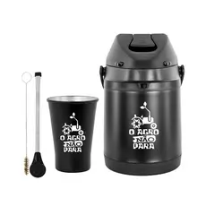 Kit Tereré Garrafa Preta Térmica 2.5l Bomba Alumínio Plástico Preta Copo Alumínio Preto 280ml