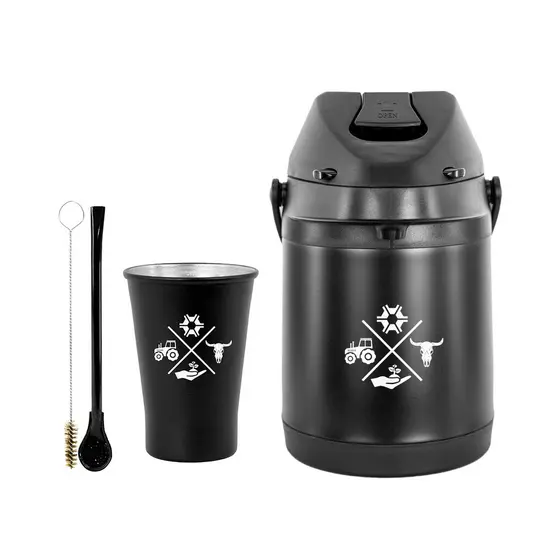 Kit Tereré Garrafa Térmica 2.5l Preta Bomba Tradicional Preta Copo Alumínio Preto 280ml
