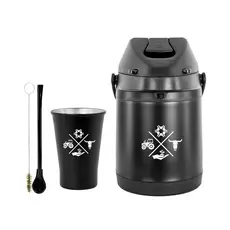 Kit Tereré Garrafa Térmica 2.5l Preta Bomba Tradicional Preta Copo Alumínio Preto 280ml
