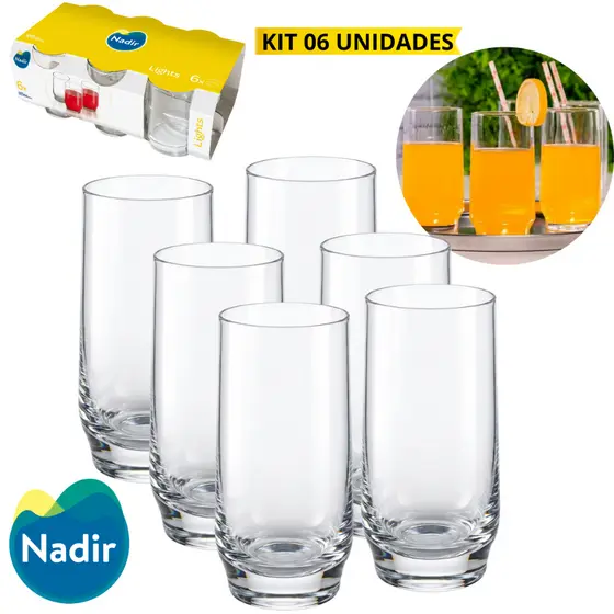 Jogo 6 Copos Lights Vidro Suco Água Cerveja 300ml Nadir