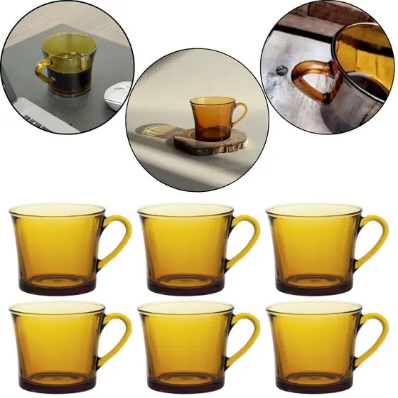 Jogo com 6 Xícaras Café Chá Âmbar Vidro Marrom Liso 170ml