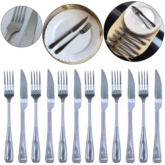 Talheres Inox 12pçs pesado. 6 Faca + 6 Garfo Profissional, Resistente e Elegante
