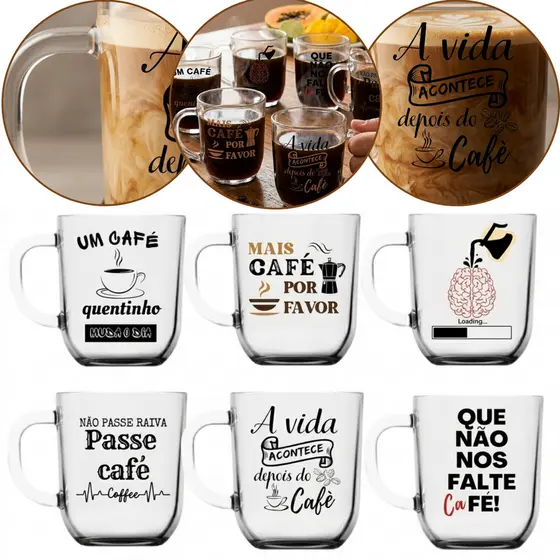 Kit 6 Canecas Vidro 230ml Frases Café Decoradas Criativas