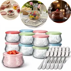 Kit 12 Tigelas De Vidro 200ml Sobremesa Nature Com Tampa Sortida + 12 Colheres De Inox