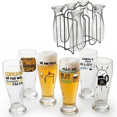 Kit 6 Copos de Vidro 200ml para Cervejas Bebidas + Suporte Arthi Preto