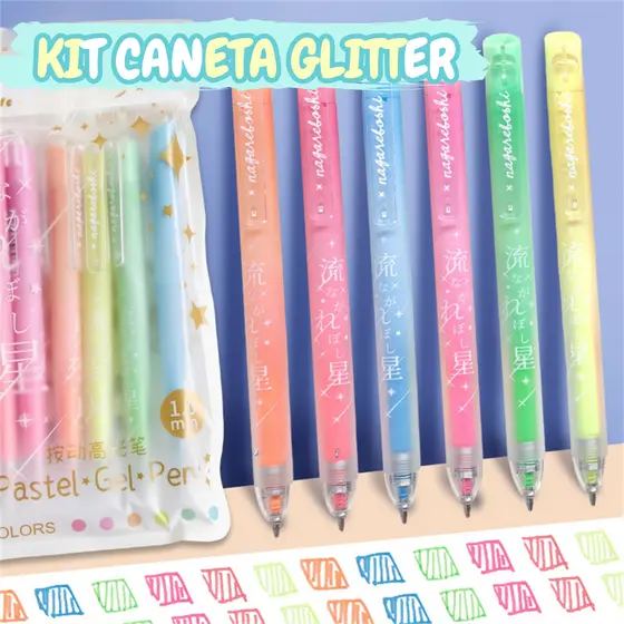 Kit 6 Caneta Glitter Gel Pastel Ponta 1.0mm Escrita Suave e Marcante Material Escolar Kwaii