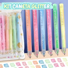 Kit 6 Caneta Glitter Gel Pastel Ponta 1.0mm Escrita Suave e Marcante Material Escolar Kwaii