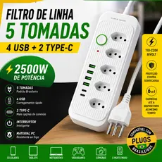 Filtro de Linha 5 Tomadas 4 USB 1 Type-C 2500W Bivolt Extensão Elétrica Régua de Tomada