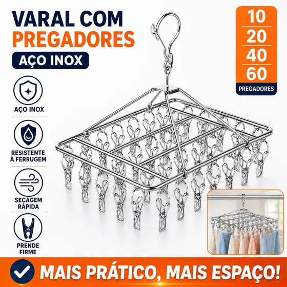 Varal Inox com 8/10/20/40/60 Pregadores para Meias Roupas Íntimas Calcinha Cueca Lavanderia