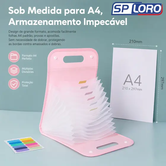 Pasta Sanfonada A4 12 Divisórias Organizadora de Documentos Expansível Cores Rosa Branco Azul Verde