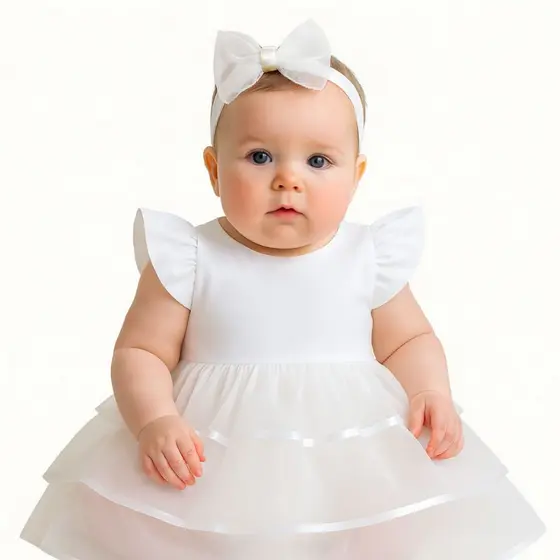 Vestido Infantil Batizado Menina Com Tiara Daminha de Honra Festa Elegante P ao 3 Anos