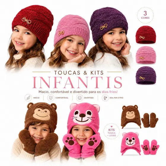 Touca Infantil Lisa / Kit Touca e Luva Infantil Forrado Macio Quentinho para Frio
