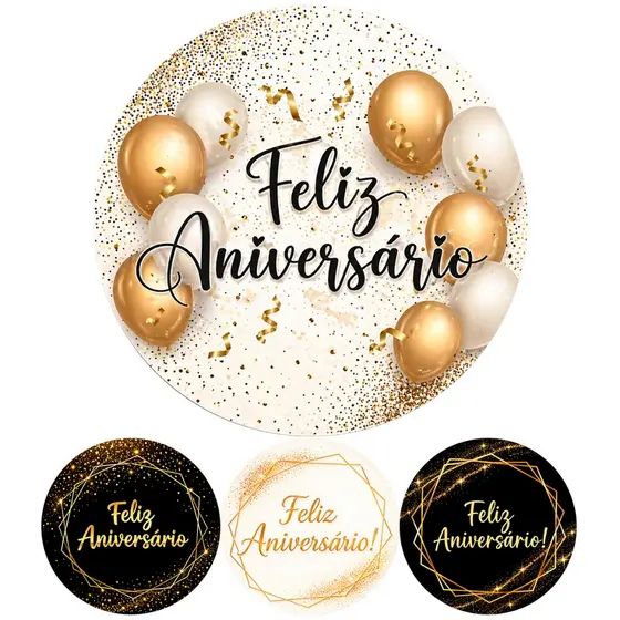 Painel Redondo de Mesa Feliz Aniversário Decoração de Festa 50x50cm
