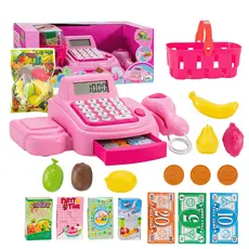 Caixa Registradora Infantil Brinquedo Com Som Luz Calculadora Leitor Scanner Mercadinho Cesta Compras Frutas
