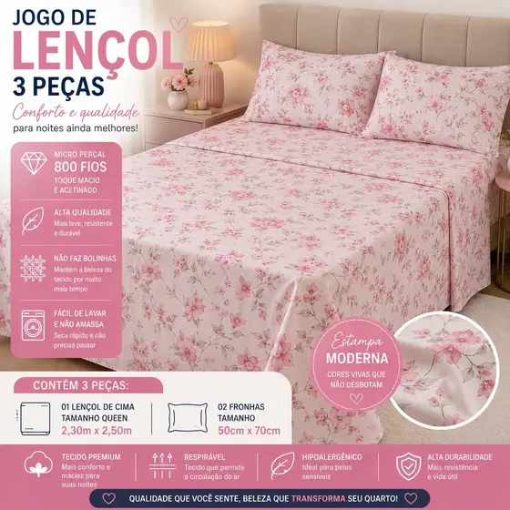 Jogo de Lençol Queen Com Duas Fronhas Micro Percal 800 Fios Toque Acetinado