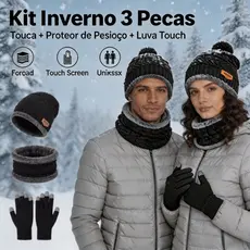 Kit Inverno 3 Peças Touca Forrada + Gola Cachecol + Luva Touch Screen Térmica Unisex Adulto Proteção Contra Frio