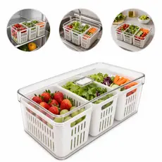 Organizador de Geladeira 3 Cestos Clear Fresh Branco 5L Tampa Drenagem Fruta Legume Verdura BPA Free