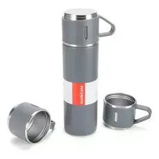 Conjunto Térmico: Garrafa 500ml + 3 Xícaras Inox Cinza