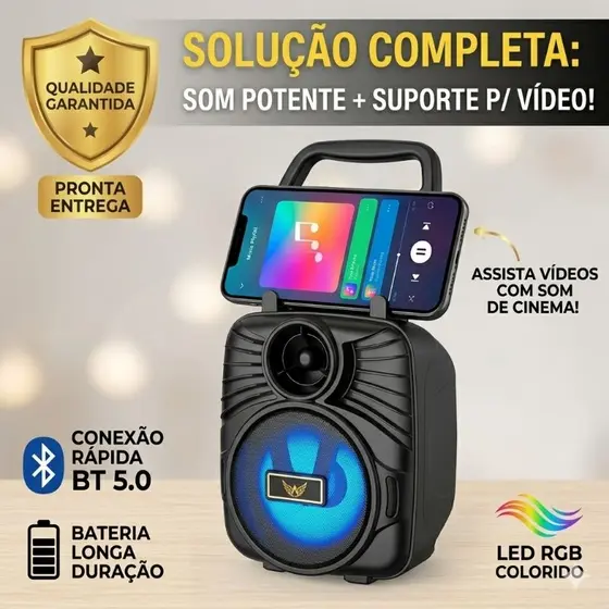Caixa de Som Bluetooth Portátil 8W com Suporte para Celular – Som Alto, LED, Rádio FM, USB, Mini Sem Fio