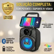 Caixa de Som Bluetooth Portátil 8W com Suporte para Celular – Som Alto, LED, Rádio FM, USB, Mini Sem Fio