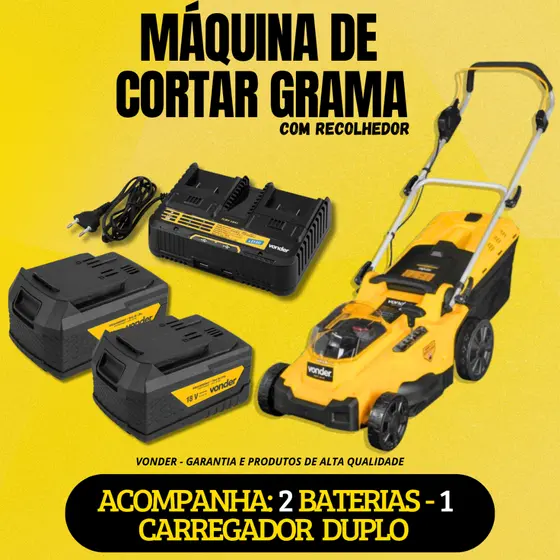 Maquina De Cortar  Grama Com Recolhedor Sem Fio Com Duas Baterias 4ah e Carregador Duplo Vonder