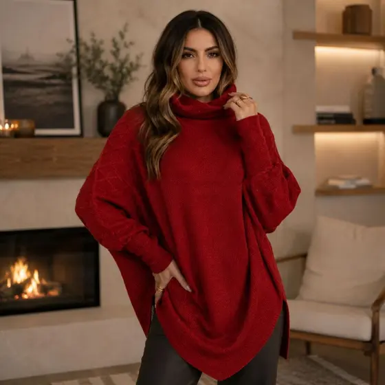 Poncho Kimono Blusa de Frio Tricot Feminino Gola Alta Inverno Grosso Tendência Estilo Boho Elegante