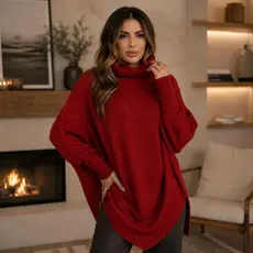 Poncho Kimono Blusa de Frio Tricot Feminino Gola Alta Inverno Grosso Tendência Estilo Boho Elegante