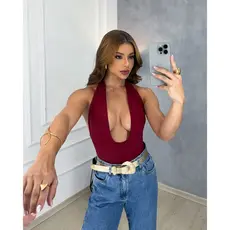 Body Feminino Decotado em V Profundo Costa Nua Luxo Suplex Premium Elegante Tendência