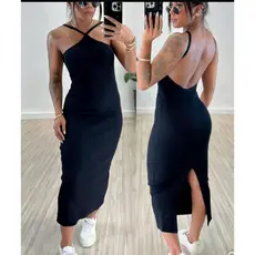 Vestido Feminino Costas Aberta Canelado Premium Com Fenda Slim Longo Alça Cruzada Casual Festa Confortável