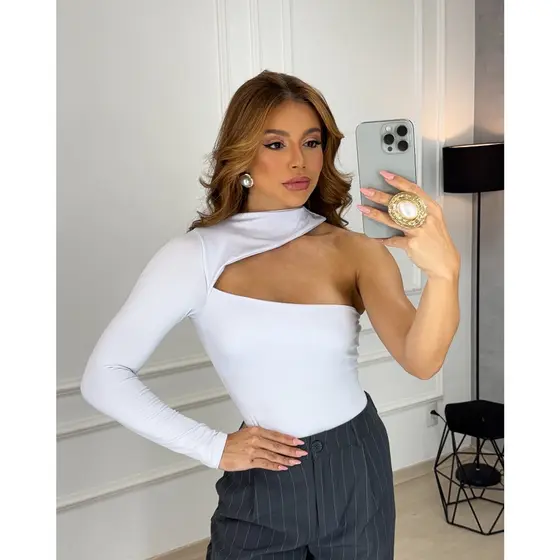 Body Mula Manca Manga Longa Feminino Elegante Um Ombro Só Nula Manga Estiloso