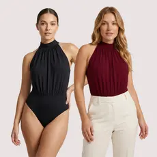 Body Feminino Gola Alta Plissado Amarração no Pescoço Confortável Elegante Suplex Premium Franzido
