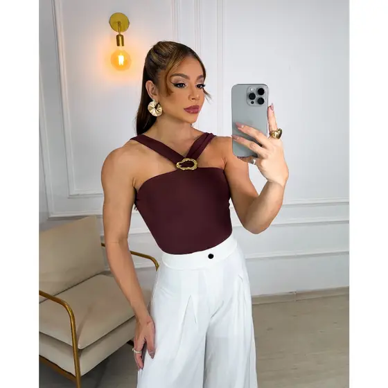 Body Feminino Decote Cruzado Elegante Com Fivela Suplex Premium Forrado Confortável