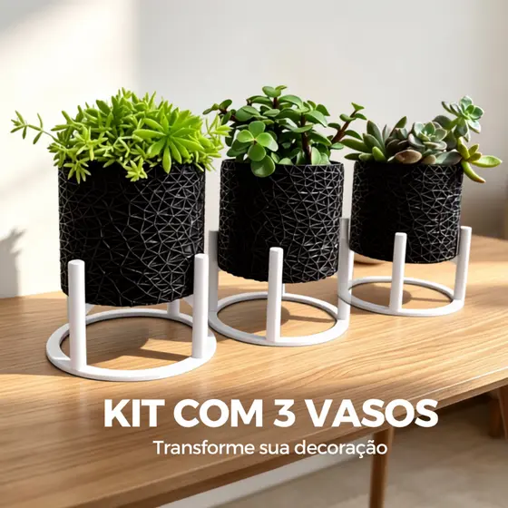 Kit 3 Vasos Decorativos para Suculentas Minimalista Elegante com Suporte Cachepot Presente