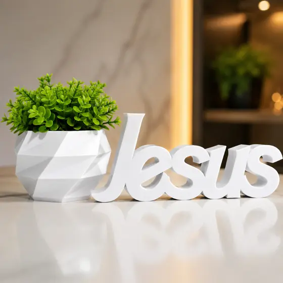 Kit Jesus Letreiro + Vaso Decorativo Enfeite para Casa Decoração Religiosa Palavra Cristã
