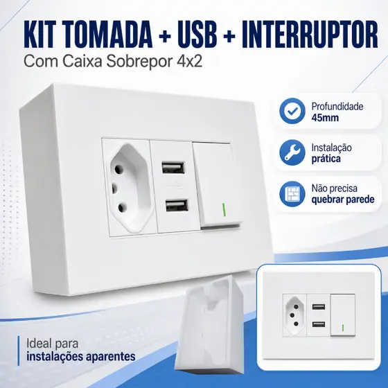 Conjunto Tomada Usb E Interruptor Com Caixa Sobrepor 4x2 45mm