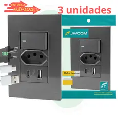 Tomada Usb Interruptor Three Way Carregador Parede 10a Tip C CINZA com 1, 2 ou 3