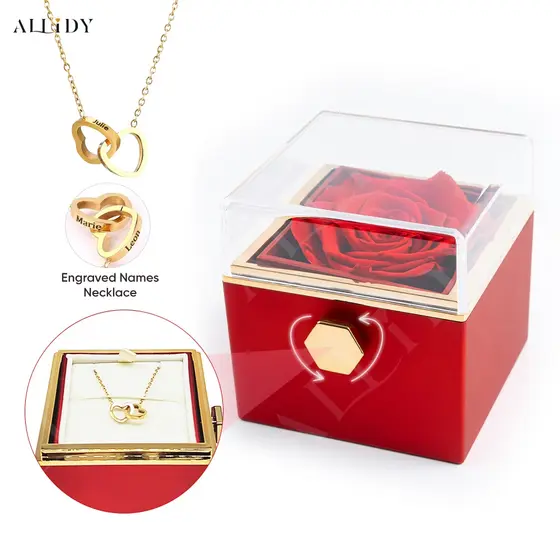 Colar Duplo Coração Personalizado com Nome Presente de Páscoa para Mulher com Caixa de Rosa Eterna