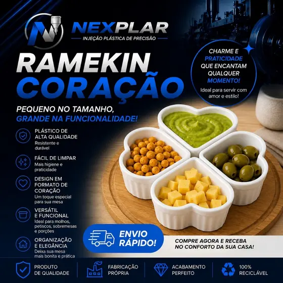 Kit 4 a 40 Ramekin Coração Plástico 150ml Branco Canelado para Molhos, Petiscos, Sobremesas, Buffet, Restaurante e Festa